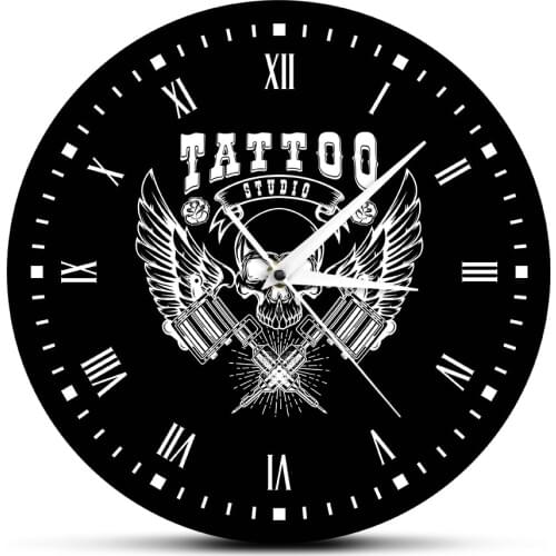 Vintage Tattoo Salon Skull Wall Art Decor Wall Clock Tattoo Needles Tattoo Studio Wall Hanging Clock Watch Tattoo Artist Gift