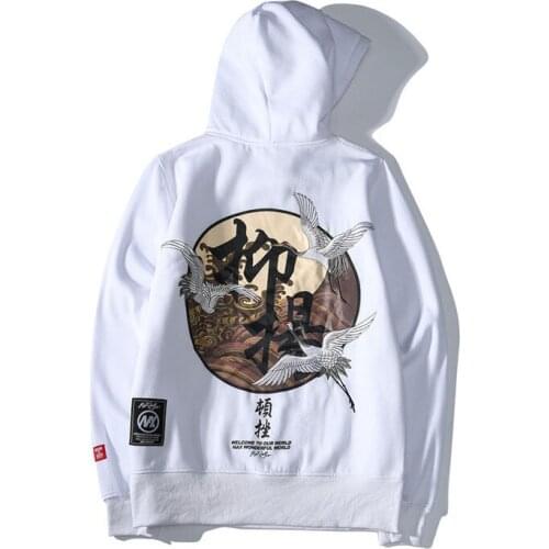 Chinese Style Cranes Embroidery Thick Warm Sweatshirts Pullover Autumn Winter Men Cotton Loose Streetwear Fleece Hooded Hoodies