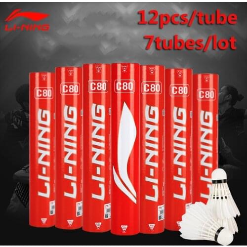 Li-Ning New 84Pcs=7tubes Li-Ning Brand C80 Badminton Shuttlecock Goose Feather Birdies Flying Stably Durable Li Ning Battledore