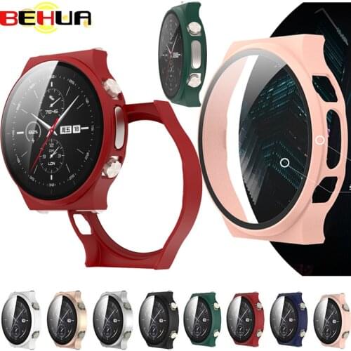 BEHUA Screen Protective Case with Tempered Film For Huawei Watch GT 2 GT2 Pro Full Protector Plating Frosted PC Hard Cover Shell