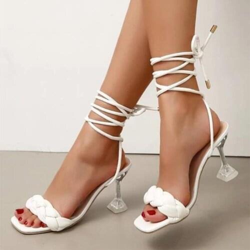 2021 New Summer Fashion Design Woven Women Sandals Transparent Straps Fashion High Heels Ladies Sandals Open Toe Shoes