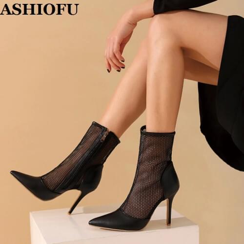 ASHIOFU 2021 New Ladies High Heels Boots Air-mesh Leather Sexy Real Pictures Elegant Party Prom Evening Fashion Breathable Boots