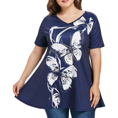Womens Tops And Blouses Women Casual Plus Size Short Sleeve Butterfly Print T-shirt V-neck Tops Blouse Blusas Mujer De Moda 2021