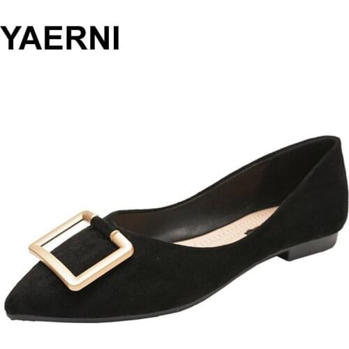 YAERNIPointed toe casual shoes woman square metal buckle flats soft bottom shallow brief zapatos de mujer femme flock comfy foot