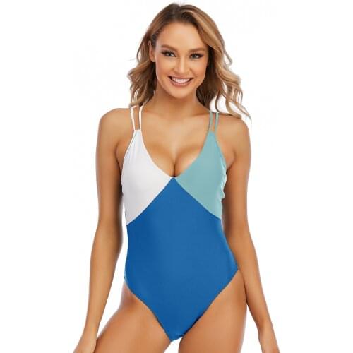 Women Sexy Deep V One Piece Suit Patchwork Solid Monokini Swimwear Contrast Color Series Swimsuit Criss Cross Back Beachwear