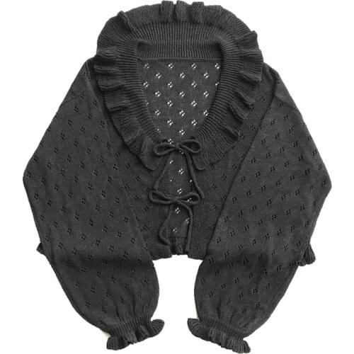 Vintage Hollow Black Knit Sweater Women Summer Cardigan Bandage Knitwear Kimono Female Korean Fashion Cover Up Pink Crop Tops