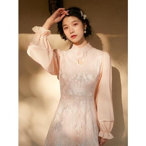 VERHELLEN Vintage Young Girl Autumn New 2020 Long Sleeved Elegant Sweet Retro Hollow Out Stitching Lace Puff Sleeve Dress Women