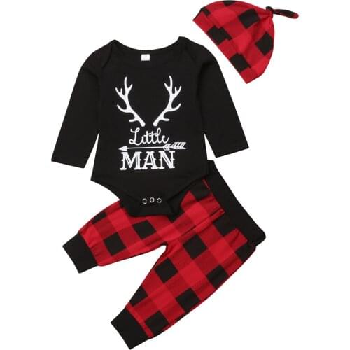 Little Man Newborn Baby Boy Clothes Long Sleeve Deer Cotton Bodysuit Tops Red Plaid Pant Hat 3PCS Outfits Xmas Clothing Set