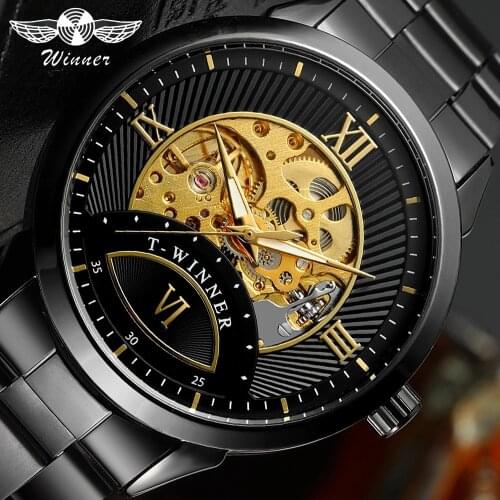 Winner 2019 Mens Automatic Watch Mechanical Luminous Hand Skeleton Business Black Stainless Steel Band Watches Relogio Masculino