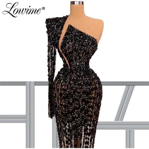 Handmade Beaded Black Evening Dresses See Through One Shoulder Arabic Dubai Mermaid Long Party Gowns Muslim Prom Dress 2021