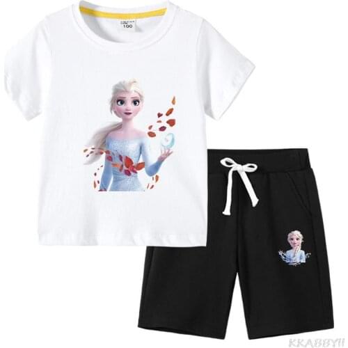 Disney Frozen Summer Game Print Boys Short Sleeve T Shirt short Jeans 2pcs Sets Kids Girls T-Shirts Cotton Children Clothes