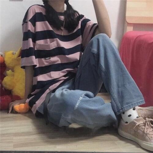 2021 New Oversized t-shirt y2k Harajuku Style Shirt Striped tops anime Loose Short Sleeve t-shirt female Tide top Kawaii