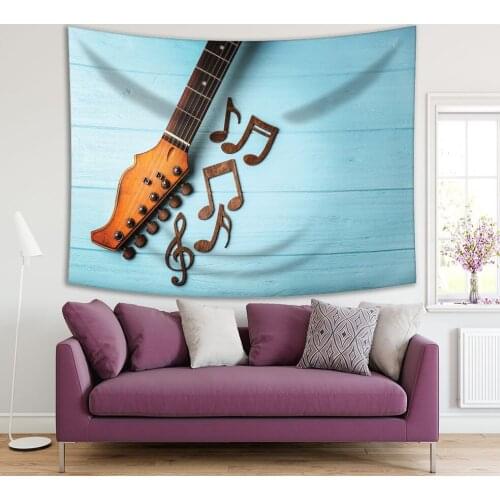 Tapestry Guitar Neck And Music Notes Clef on Blue Color Wooden Wall Artistic Photo Printed