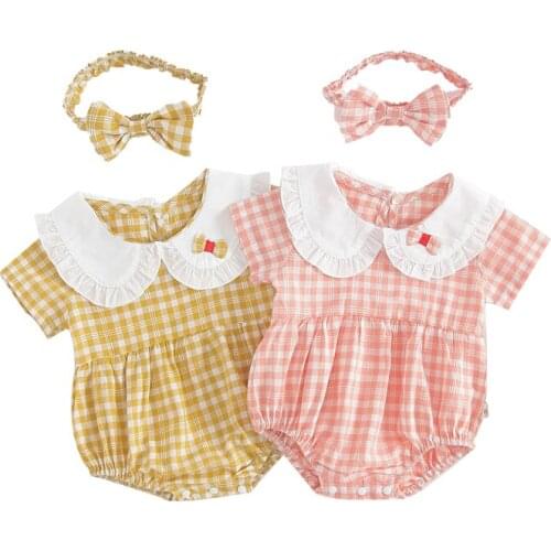 Infant Toddler Girls Rompers Clothes Cotton Breathable Summer Romper with Headband Lovely Plaid Little Lady Style Jumpsuits