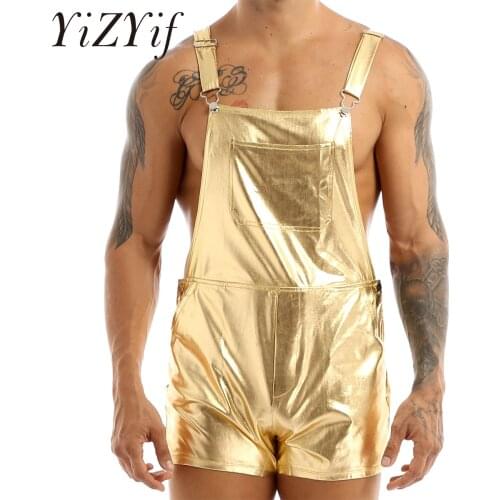 Mens Sexy Shiny Metallic Bib Overall Suspender Short Streetwear Shorts Rave Festival Clothing Jazz Pole Dance Fashion Clubwear