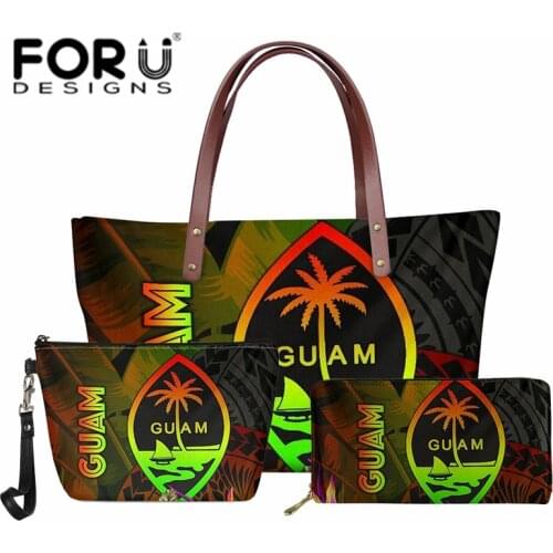 Guam Handbags and Wallet Set Polynesian Hibiscus Printed Neoprene Shoulder Bag Large Capacity Female Ladies Organizer Purse