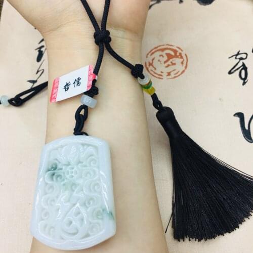 Natural Burmese Emerald jade carving square good luck pendant with hand-woven tassel necklace