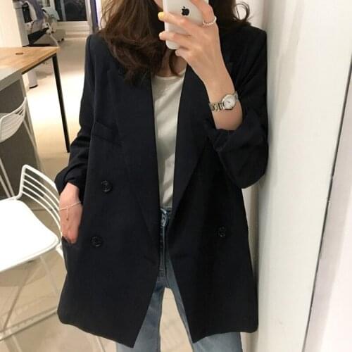 New Double Button Womens Black Suit Lady Fashion Blazers autumn Spring Korean Style Loose Mid-Length Cotton Women Jacket