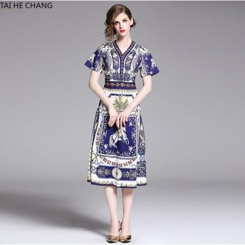 Women Dress Summer Spring Elegant Bodycon Vintage Party Runway Casual Print Short Sleeve Midi A-line Office Work Dresses