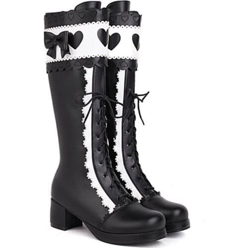 Womens Platform Knee Thigh Boots Block Heel BowKnot Heart Lace Up Lolita Sweet Shoes Warm Winter Plus Size New 2022