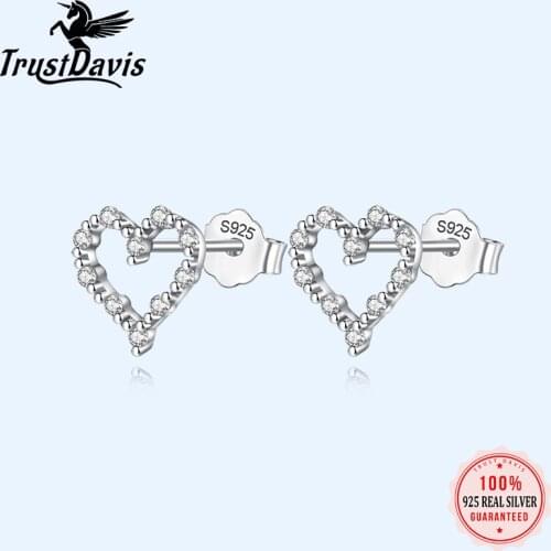 Trustdavis Minimalist Genuine Stud Earrings For Women Cute Heart Dazzling CZ 925 Sterling Silver Fashion Jewelry Gift DA658