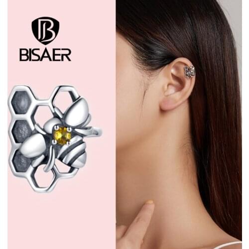 BISAER 925 Sterling Silver Bee Ear Cuffs Clip Earrings For Women Without Piercing Earcuffs Wedding Ear Clips Jewelry ECE1171