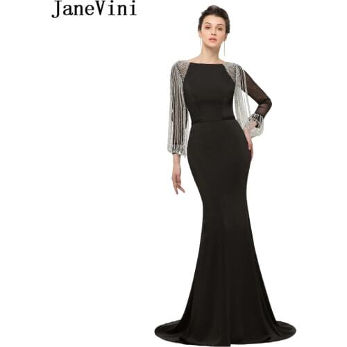 JaneVini Elegant Black Bridesmaid Dresses Long Sleeves Beading Zipper Back Satin Sweep Train Mermaid Prom Gowns Tobe De Soiree
