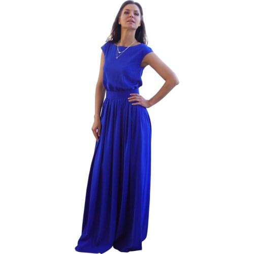 Women casual loose solid short sleeve floor length MAXI long dress O neck blue summer autumn clothing