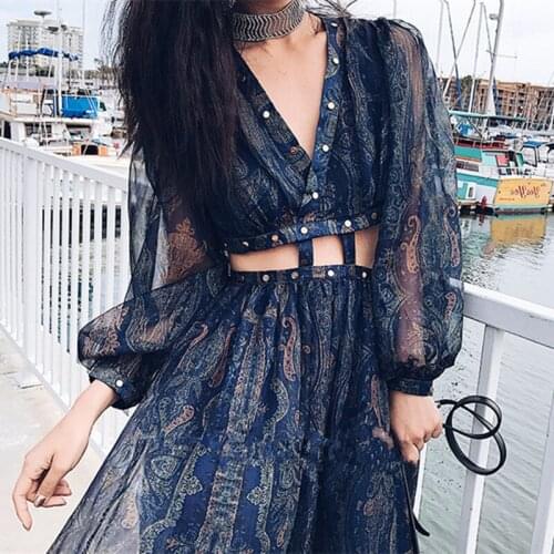2020 Women Deep v-neck Vinatge print Waist cutout Sexy Summer Dress Women Full lace dresses Beach Dresses Vestidos