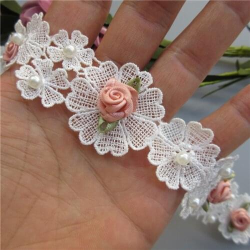 10X White Pearl Rose Flower Embroidered Lace Trim Applique Trimming Ribbon Fabric Sewing Craft Handmade Wedding Decoration