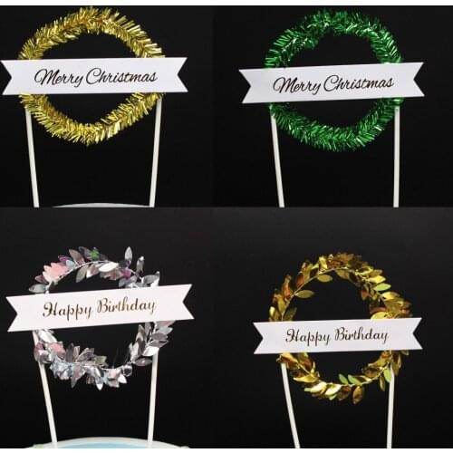 2pcs/set Leaf Wreath Cake Topper Cupcake Merry Christmas Happy Birthday Party Decoration Baby Shower Wedding Party