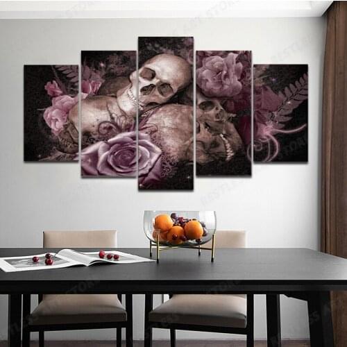5P Modern Canvas Wall Art Paintings Pictures Artworks Accessories Skull Roses Printed Poster Framed Ready to Hang