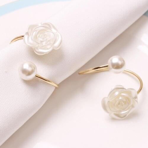 Durable 6Pcs/Set High Quality Fake Pearl Rose Flower Napkin Rings White Napkin Rings Reusable for Wedding
