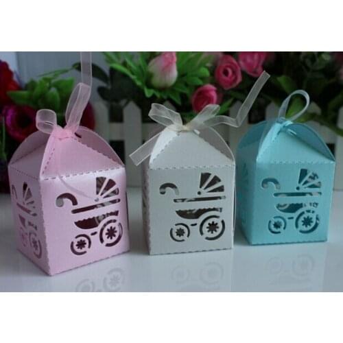 96 x Blue / Beige / Pink Wedding Favor Baby Birth Baby Shower Birthday Party Hollow Out Carriage Candy Box Gift Boxes + Ribbons