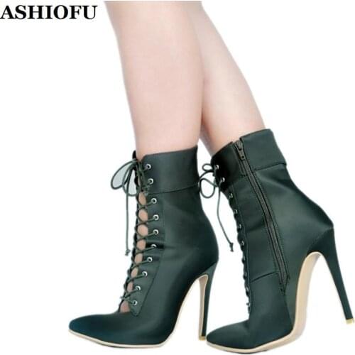 ASHIOFU Handmade Women Classic High Heel Boots Cross Shoelace Autumn Ankle Booties Party Prom Fashion Short Boots Shoes