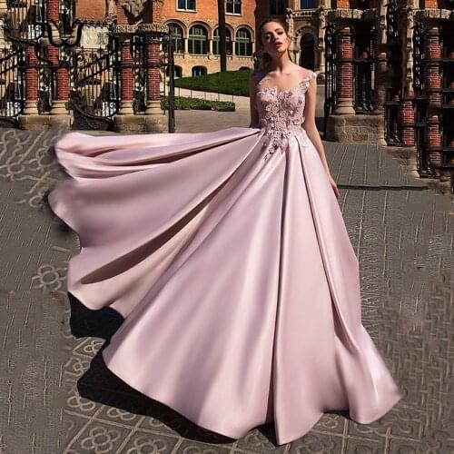 Satin A-Line Long Prom Dress Applique Flower Pink Elegant Evening Dress Long Party Gown Gala Formal Dress Robe De Soiree