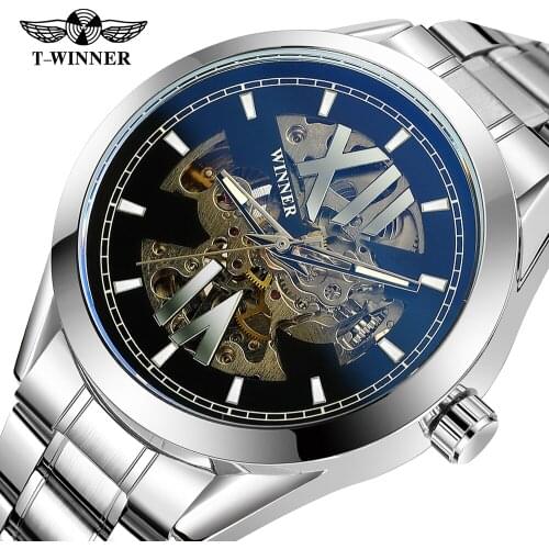 WINNER Fashion Casual Male Clock Transparent Case Steel Band Mens Watches Top Brand Luxury Automatic Skeleton Wristwatches Reloj