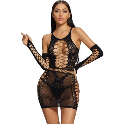 DOIAESKV Sexy Women Erotic Lingerie Black Body Doll Nightdress Lace Spliced Deep V-Neck Dress Hollow Out Nightwear Large Size
