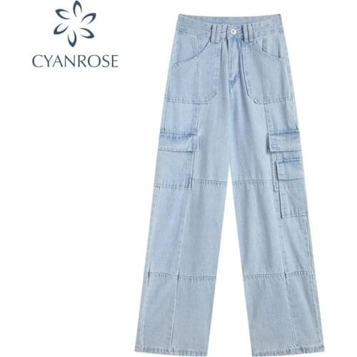 Safari Style Jeans Women High Waist Korean Loose Straight Cargo Pants Summer 2021 More Pocket Design Female Jeans Streetwear