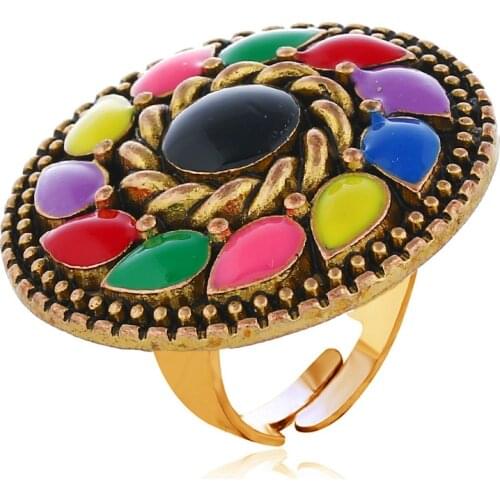 Indian Big Gold Metal Colorful Stone Rings for Women Bohemian Party Turkish Gypsy Open Ring Adjustable anillos Ethnic Jewelry