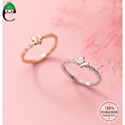 ElfoPlataSi Real 925 Sterling Silver Fashion Sweet Butterfly Shiny CZ Opening Ring For Fashion Women Wedding Ring Jewelry DD826