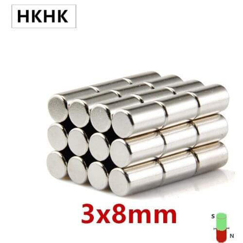 HKHK 200-1000PCS Diameter Round Cylinder Magnets 3x8 mm magnet encoder 3mm x 8mm strong magnetic standard 3x8 mm