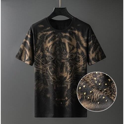 Mens T-shirt Cotton Lion Face Printing Tide Hot Diamond Short-sleeved Luxury T Shirt For Men New 2021 Summer Brand Clothes