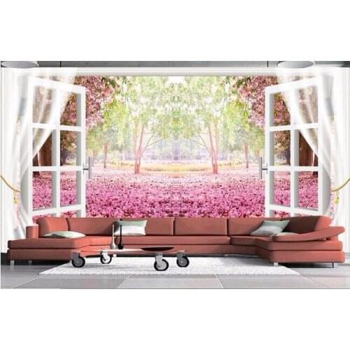CJSIR Custom Mural Sakura Flowers 3d Flooring Setting Window Wallpaper for Walls Papel De Parede Para Quarto Home Decoration