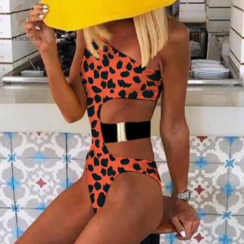 Peachtan one-piece Leopard swimsuit female 2020 monokini Hollow out swimwear women Sexy brazilian bikini one shoulder bodysuit