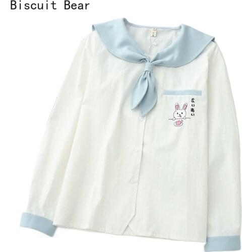 Vintage Women Shirts White Blue Casual Blouses Female Korean 2021 Summer Fashion Cartoon Rabbit Embroidery Blusas Tops