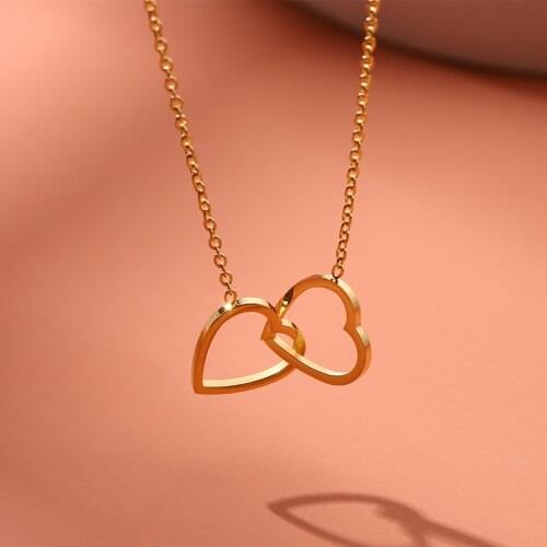 USTAR stainless steel double Heart Necklaces for Women Gold Water wave chain Party Jewelry gifts