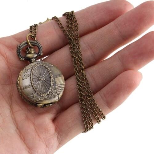 Vintage Pocket Watch Bronze Color Quartz Watch Cool Chain Ferris Wheel Pattern Watches LXH