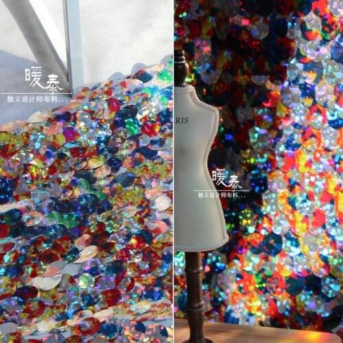 Embroidered Sequin Fabric Iridescent Fish Scale Big Sequins DIY Mermaid Stage Clothing Props Decor Skirt Dress Designer Fabric
