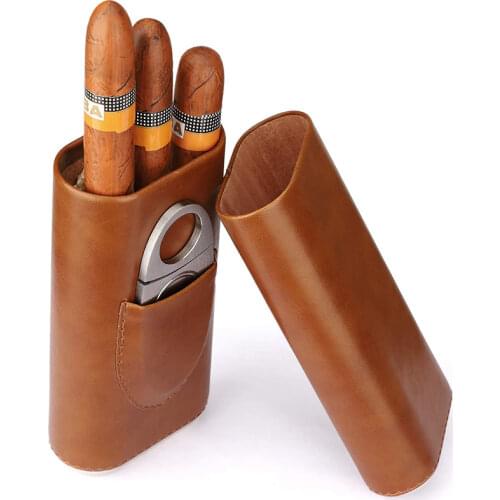High Quality 3-Finger Humidors Portable Cigar Box Brown Cigar Leather Case with Cigar Cutter
